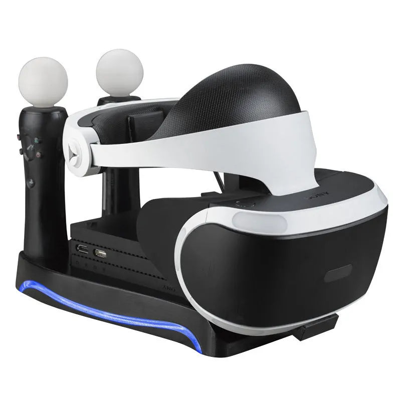 Black ABS plastic charging base for PS4 VR controllers on a surface.