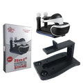 Black ABS plastic charging base for PS4 VR controllers on a surface.