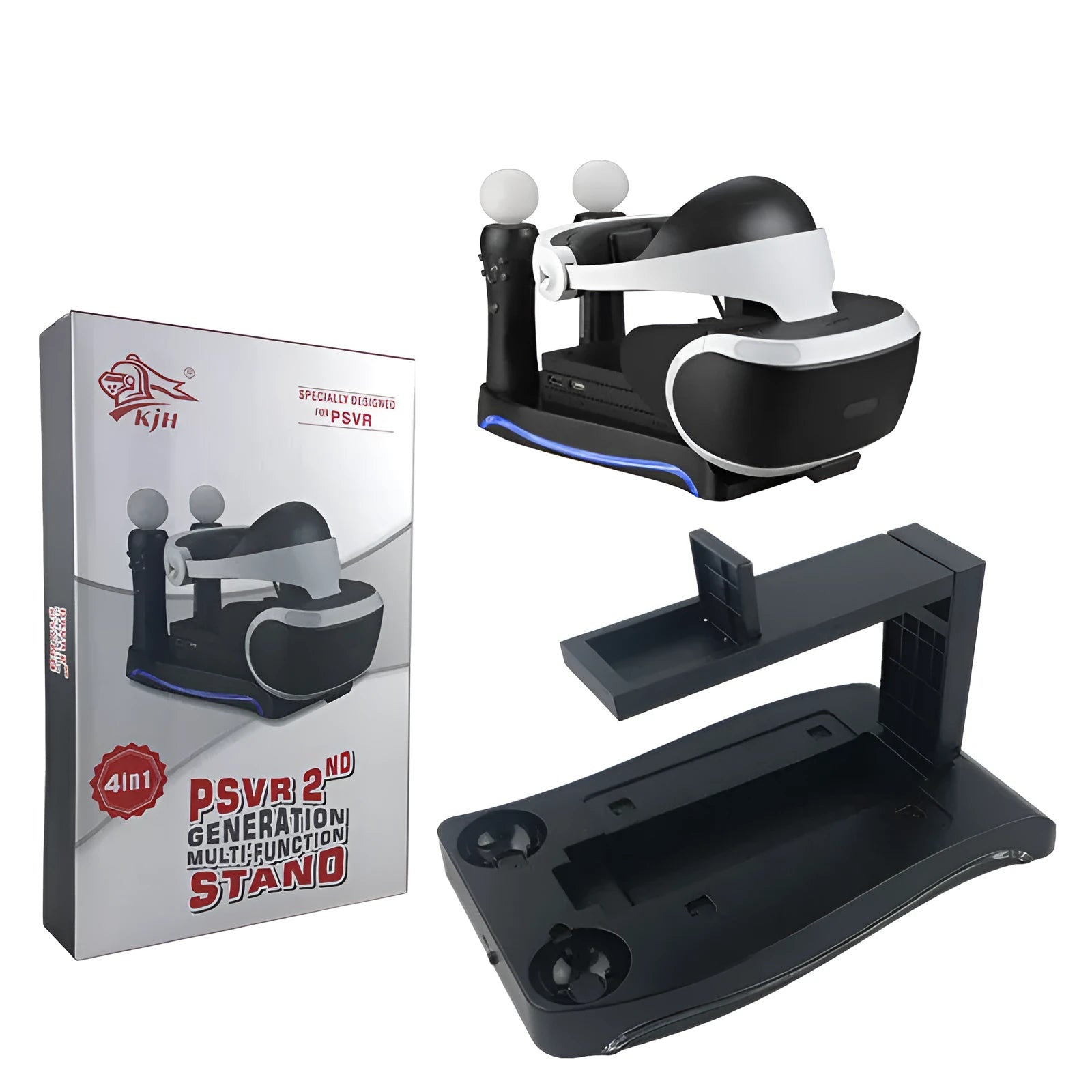 Black ABS plastic charging base for PS4 VR controllers on a surface.