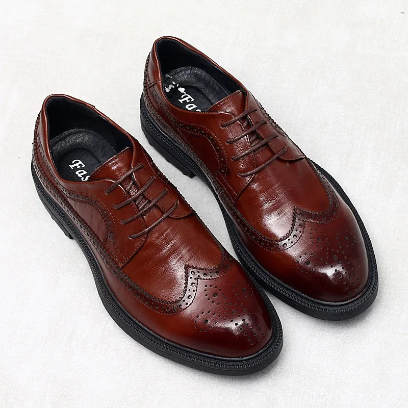 Men's cowhide leather business casual shoes with rubber sole, leather bag toe, black or bronze, sizes 38-44