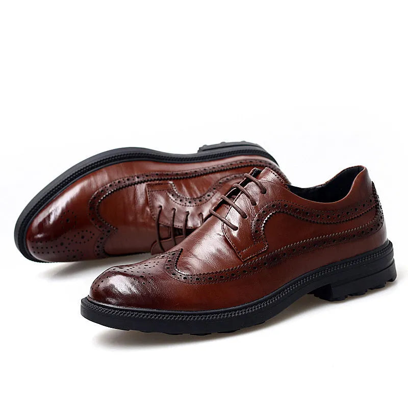 Men's cowhide leather business casual shoes with rubber sole, leather bag toe, black or bronze, sizes 38-44