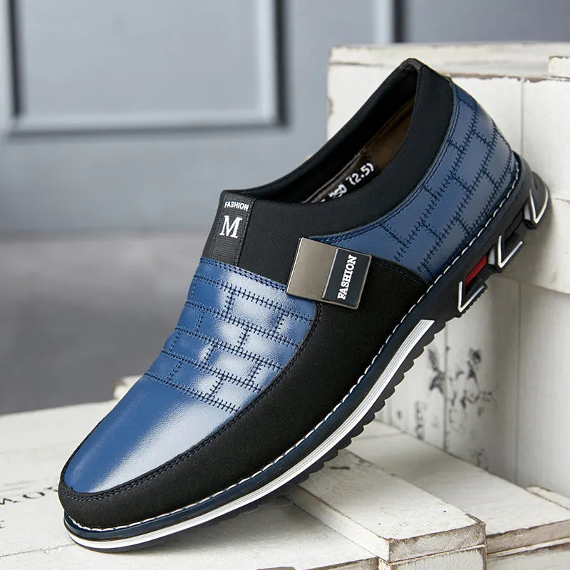 Men's blue imitation leather low-top casual shoe shown in size 45.