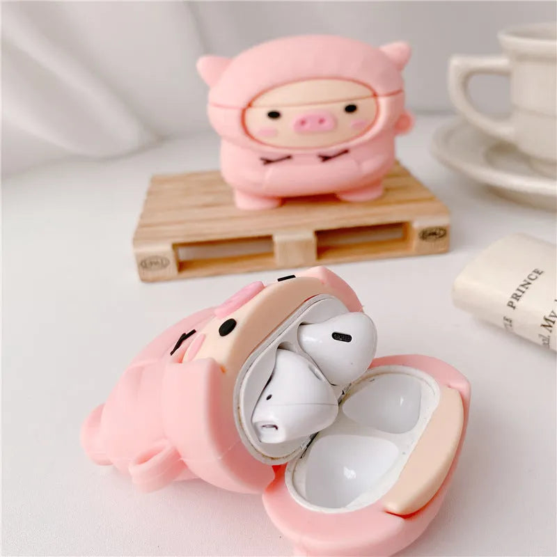 Pink pig cartoon design silicone cover for Apple AirPods case with carry hook