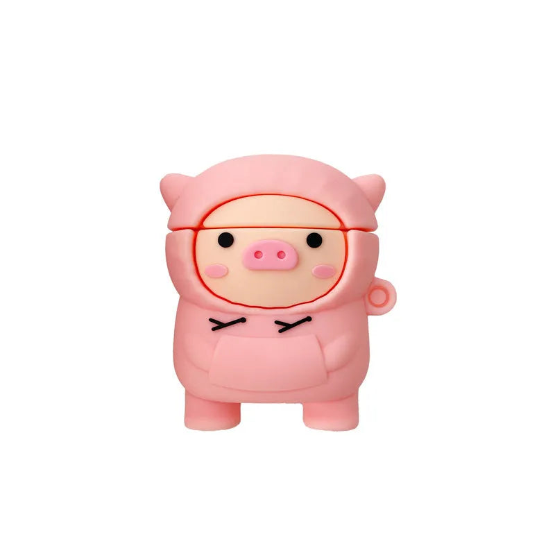 Pink pig cartoon design silicone cover for Apple AirPods case with carry hook