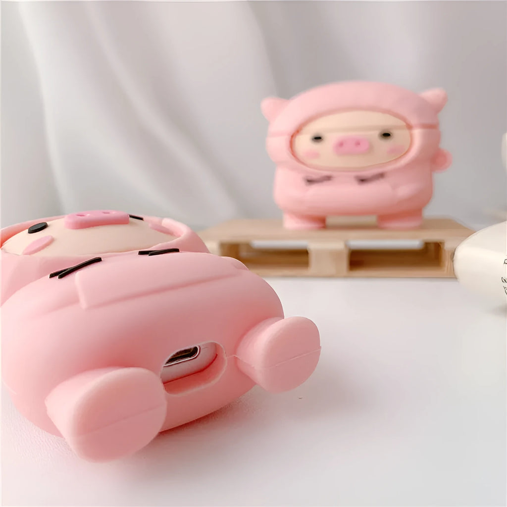 Pink pig cartoon design silicone cover for Apple AirPods case with carry hook