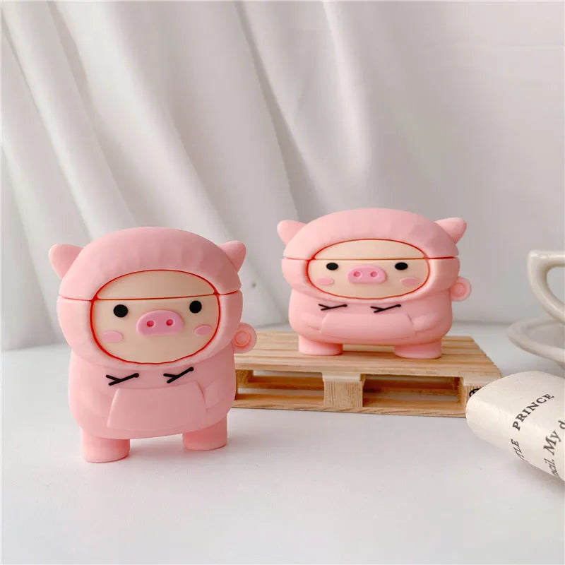 Pink pig cartoon design silicone cover for Apple AirPods case with carry hook
