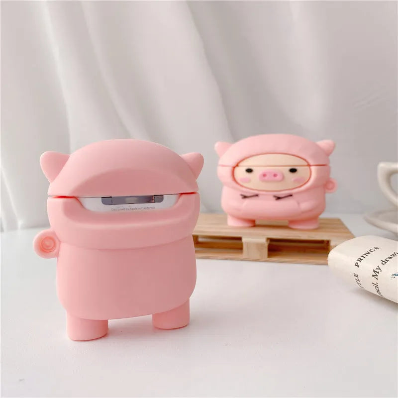 Pink pig cartoon design silicone cover for Apple AirPods case with carry hook