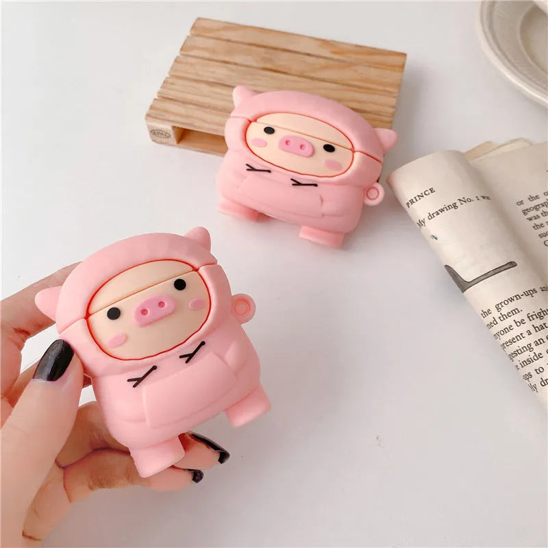 Pink pig cartoon design silicone cover for Apple AirPods case with carry hook
