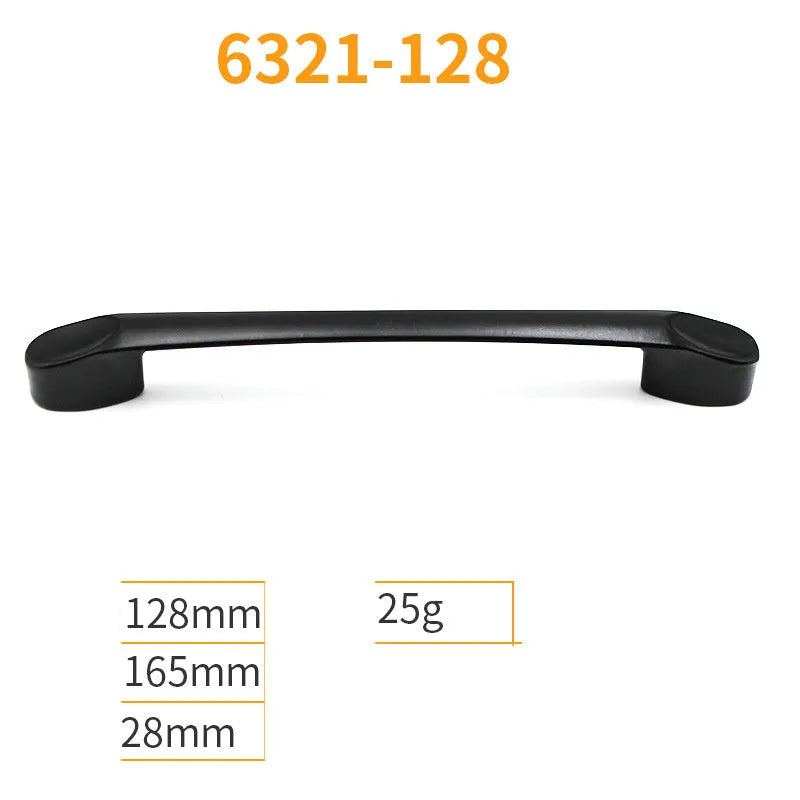 Black aluminum alloy cabinet handles and drawer knobs in various sizes and styles on a white background.