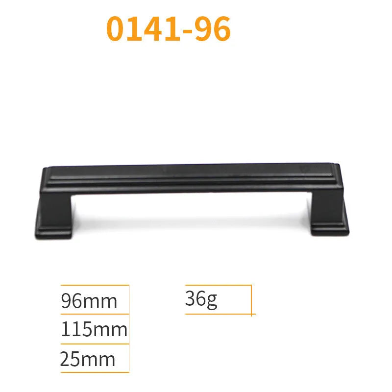 Black aluminum alloy cabinet handles and drawer knobs in various sizes and styles on a white background.