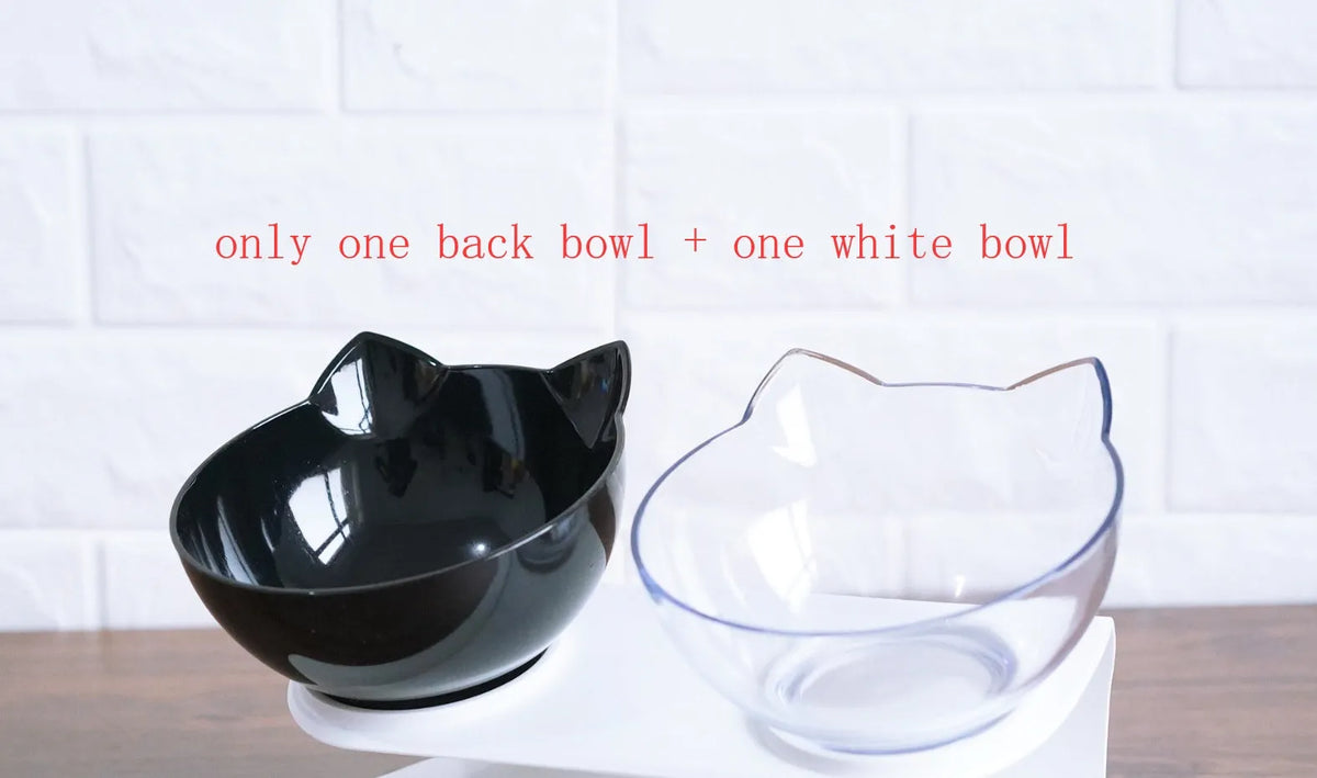 Inclined transparent PC plastic cat food bowl with tilted oblique mouth and optional ABS base