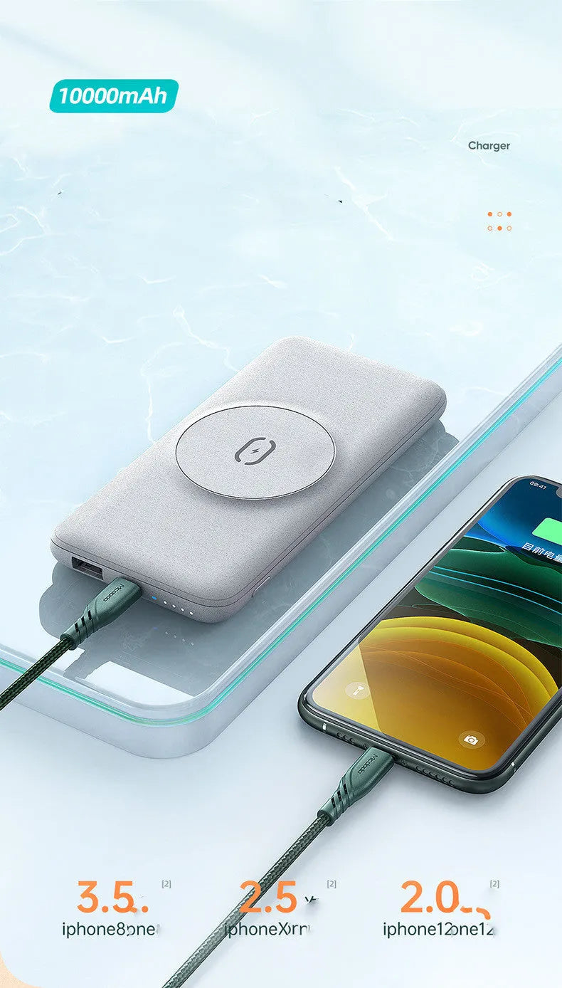 Mint green Maiduo Magsafe magnetic wireless power bank with back clip attached to an iPhone