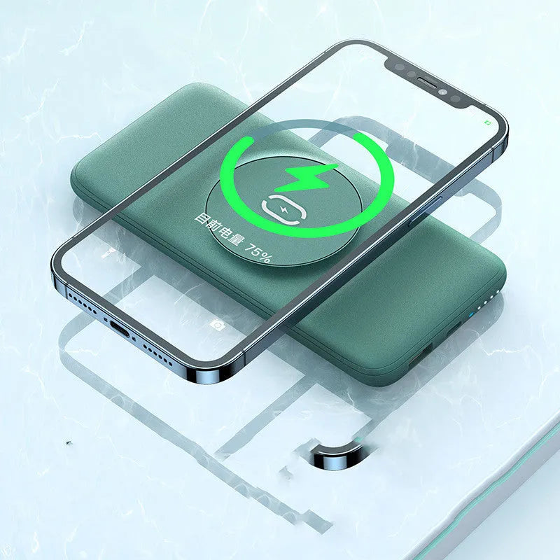 Mint green Maiduo Magsafe magnetic wireless power bank with back clip attached to an iPhone