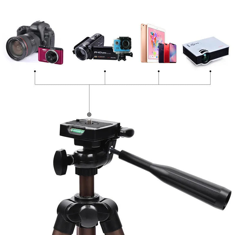 Aluminium alloy camera tripod extended to 1.3m with hydraulic head, mobile phone holder, and Bluetooth remote.