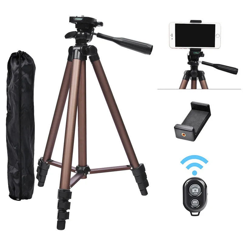 Aluminium alloy camera tripod extended to 1.3m with hydraulic head, mobile phone holder, and Bluetooth remote.