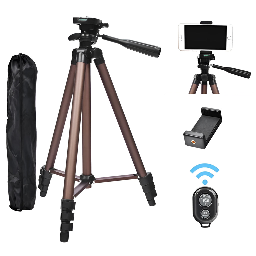 Aluminium alloy camera tripod extended to 1.3m with hydraulic head, mobile phone holder, and Bluetooth remote.
