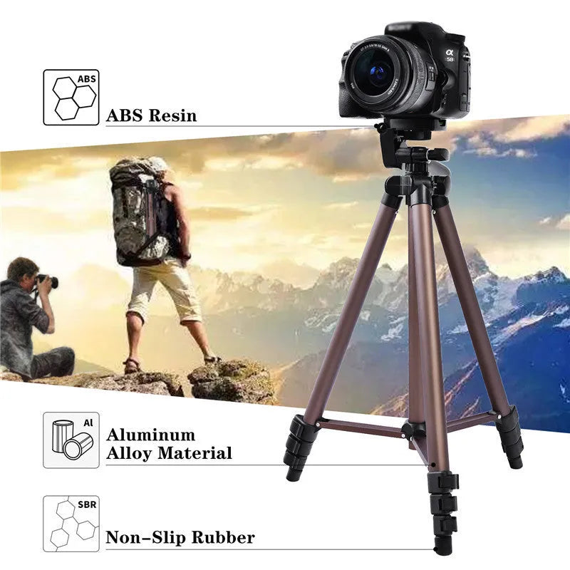 Aluminium alloy camera tripod extended to 1.3m with hydraulic head, mobile phone holder, and Bluetooth remote.
