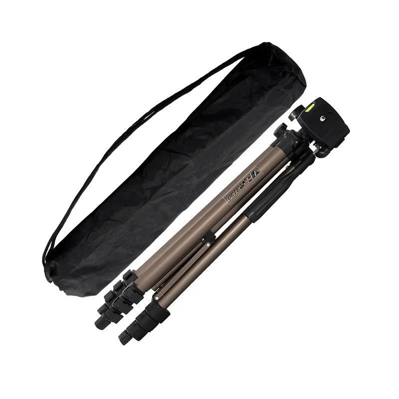 Aluminium alloy camera tripod extended to 1.3m with hydraulic head, mobile phone holder, and Bluetooth remote.