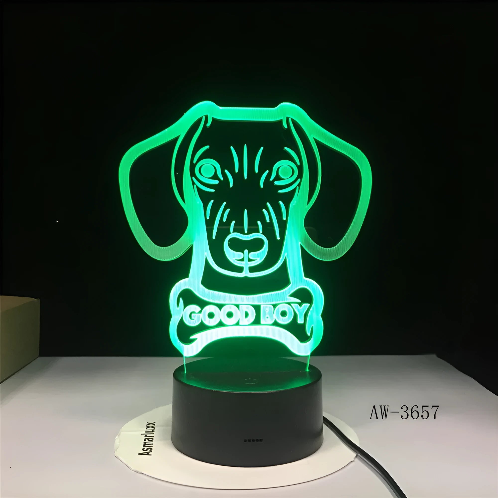 Remote control LED table lamp showing colourful gradient light through a round acrylic shade on an ABS base.