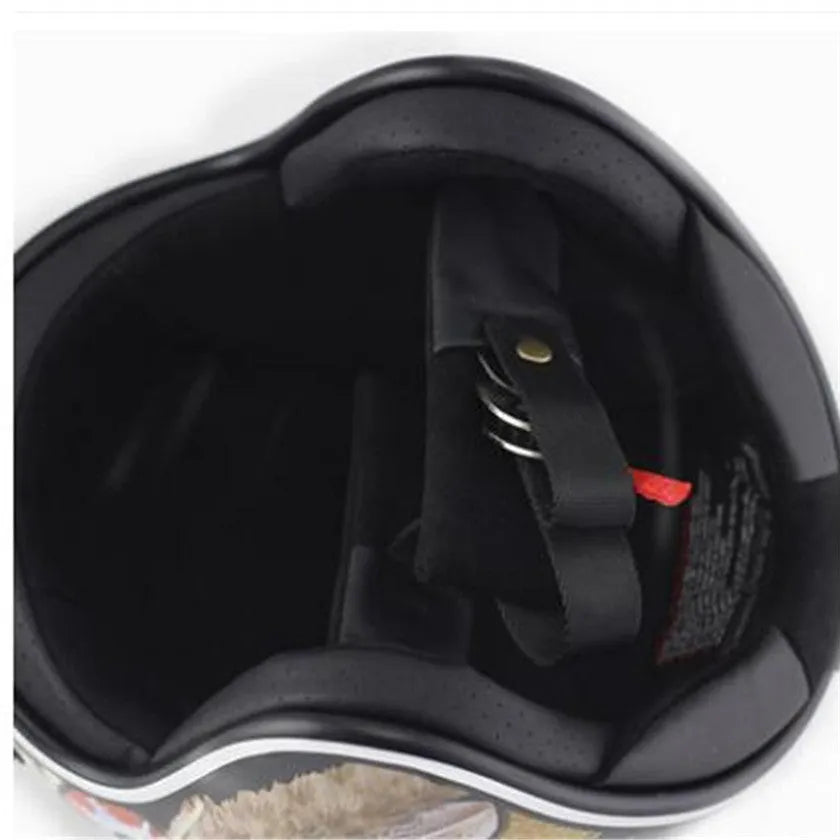 Retro Indian half helmet with import ABS shell and double D buckle, sizes S to XXL