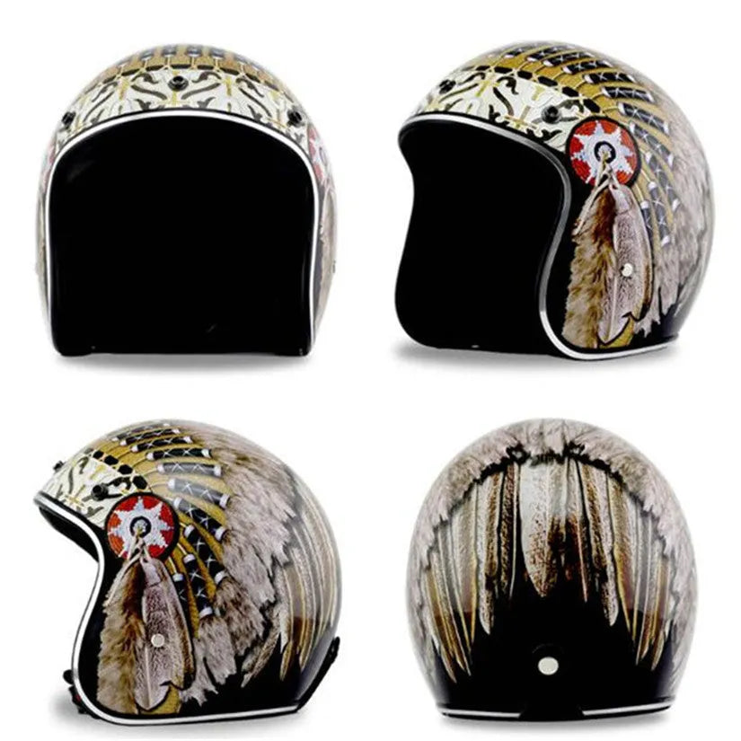 Retro Indian half helmet with import ABS shell and double D buckle, sizes S to XXL