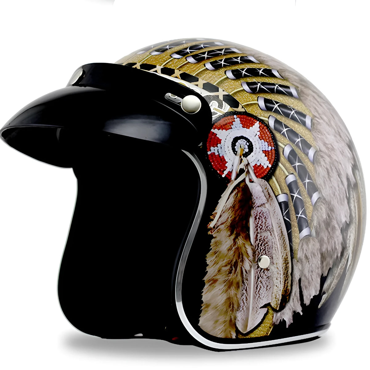 Retro Indian half helmet with import ABS shell and double D buckle, sizes S to XXL
