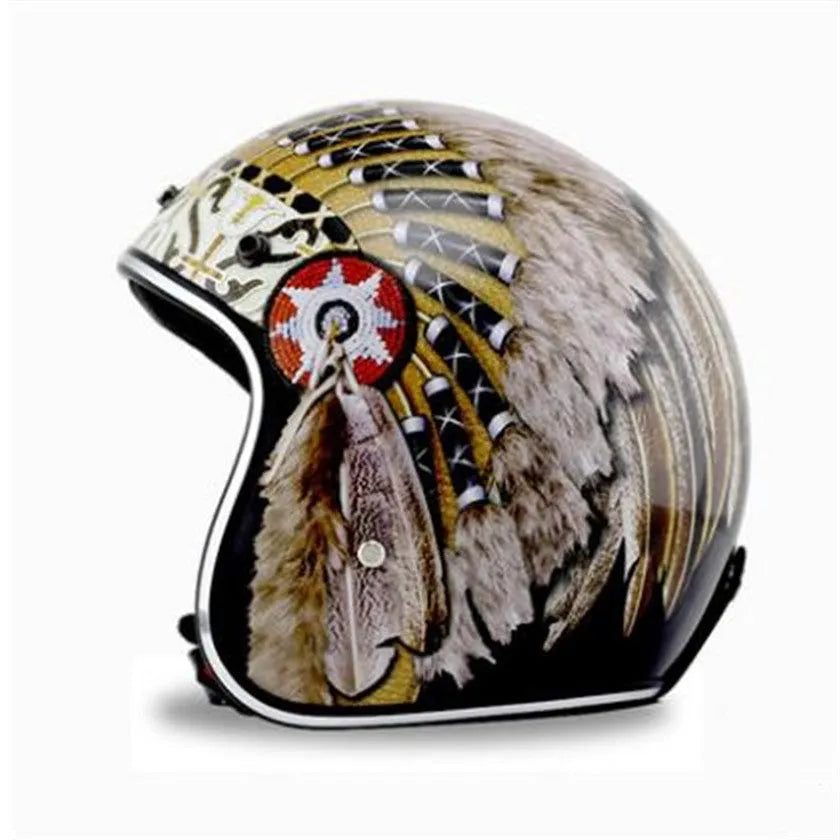 Retro Indian half helmet with import ABS shell and double D buckle, sizes S to XXL