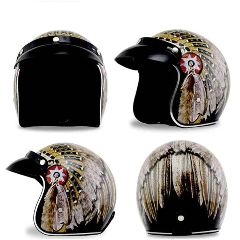 Retro Indian half helmet with import ABS shell and double D buckle, sizes S to XXL