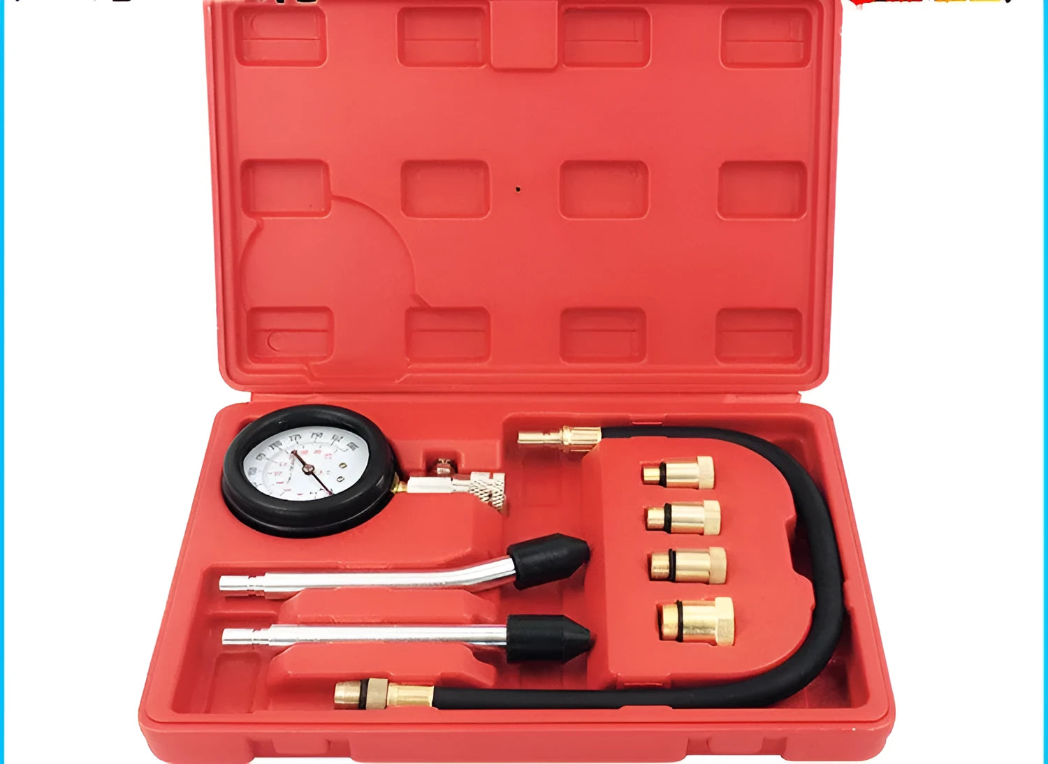 Red multifunctional cylinder pressure gauge kit in plastic box for automobile and motorcycle compression testing