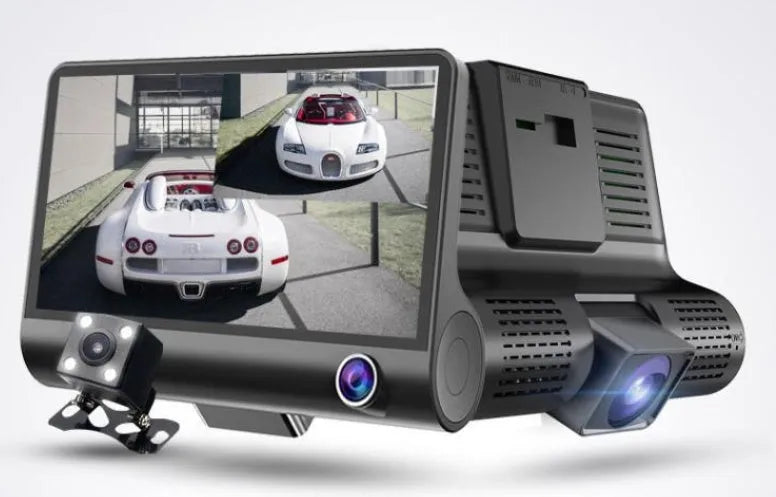 E9 4-inch car driving recorder 360-degree three-lens panoramic hidden front windshield loop recording reversing image