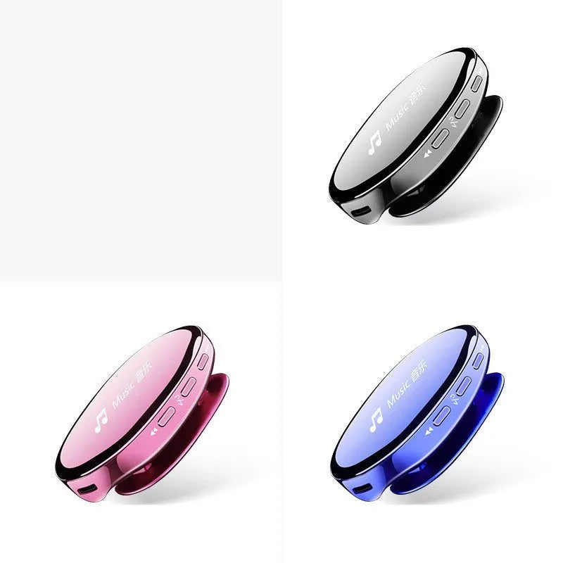 Bluetooth MP4 music player in black, blue, or rose gold with an OLED screen displaying track info.