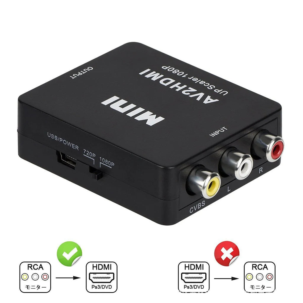 Black and white AV to HDMI converter with 0.5 metre cable for 1080P video conversion