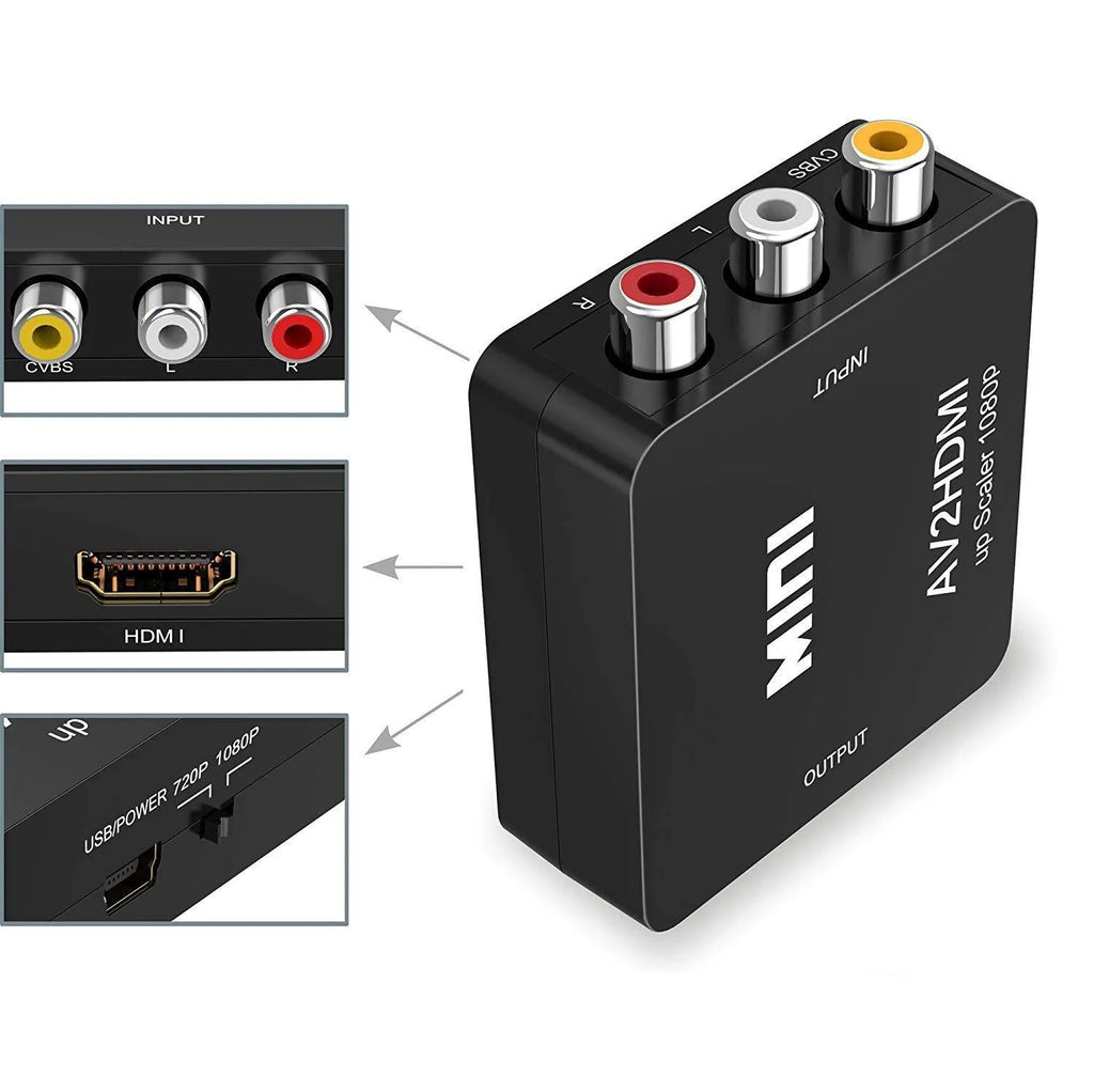Black and white AV to HDMI converter with 0.5 metre cable for 1080P video conversion
