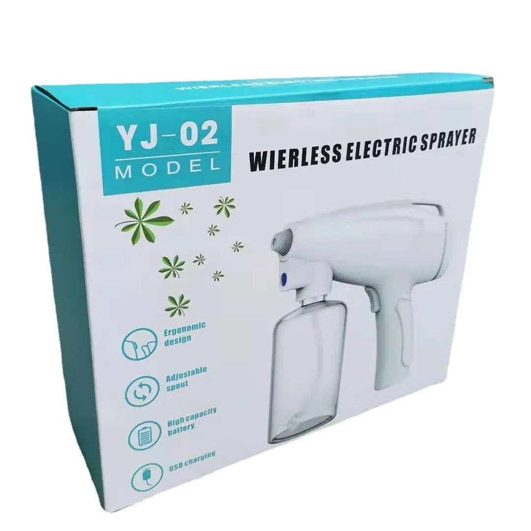White handheld wireless electric spray disinfection gun with USB-C port and bottle attached