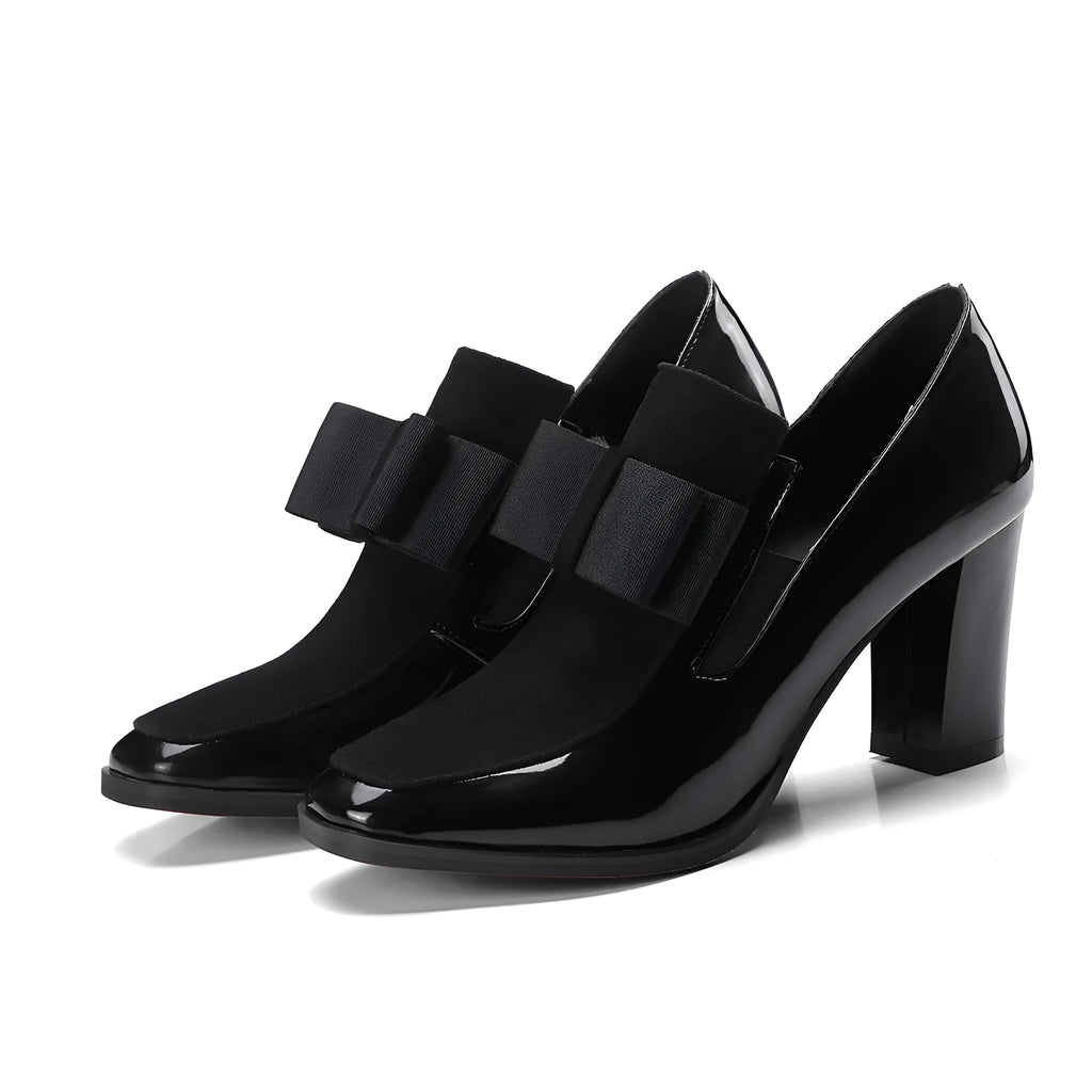 Women's thick heel high heels with patent leather upper and square toe in black and wine red colours
