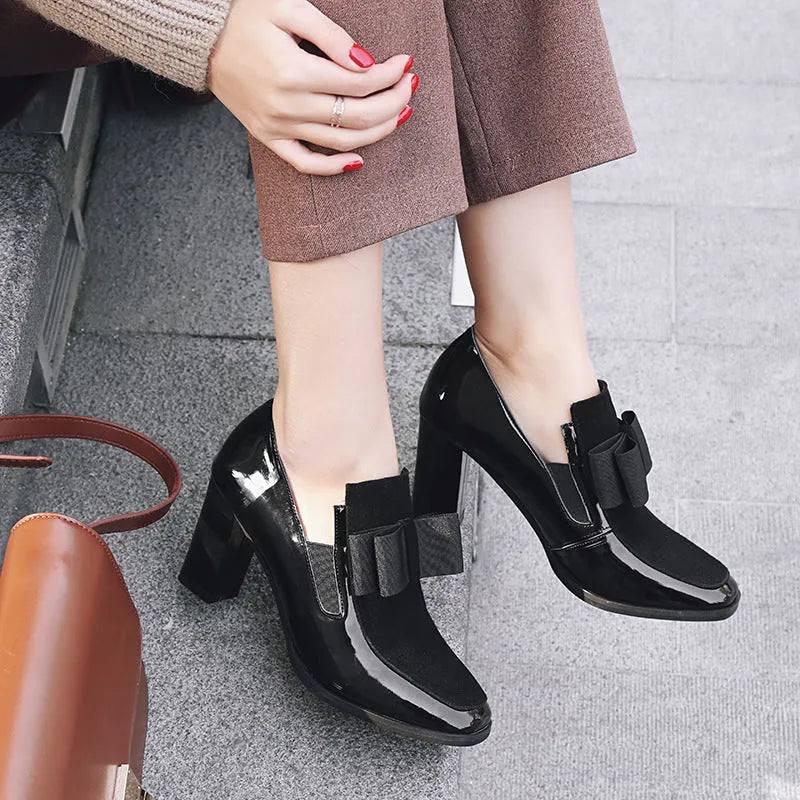 Women's thick heel high heels with patent leather upper and square toe in black and wine red colours