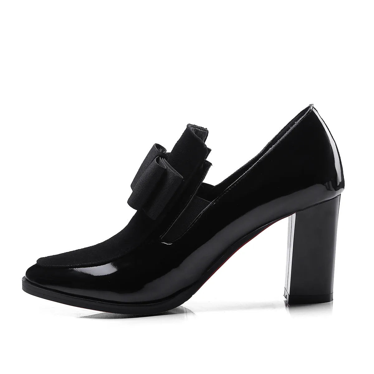 Women's thick heel high heels with patent leather upper and square toe in black and wine red colours