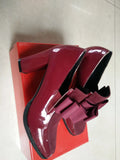 Women's thick heel high heels with patent leather upper and square toe in black and wine red colours