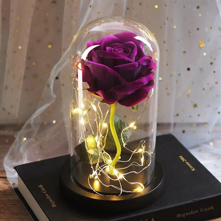 LED rose ornament with glass cover and silk flower bouquet, warm white copper wire string light, 300 x 170 x 160 mm