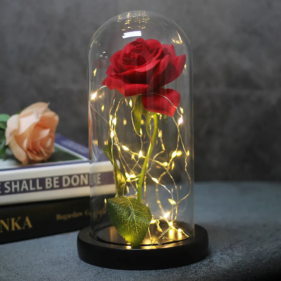 LED rose ornament with glass cover and silk flower bouquet, warm white copper wire string light, 300 x 170 x 160 mm