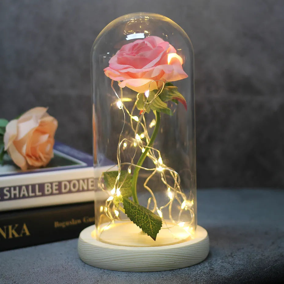 LED rose ornament with glass cover and silk flower bouquet, warm white copper wire string light, 300 x 170 x 160 mm