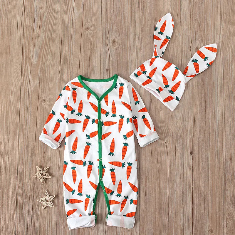 Red cotton baby romper jumpsuit for infants and toddlers in sizes 70 to 100cm.