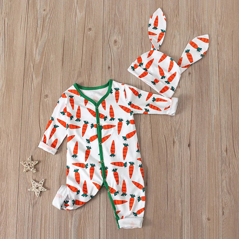 Red cotton baby romper jumpsuit for infants and toddlers in sizes 70 to 100cm.