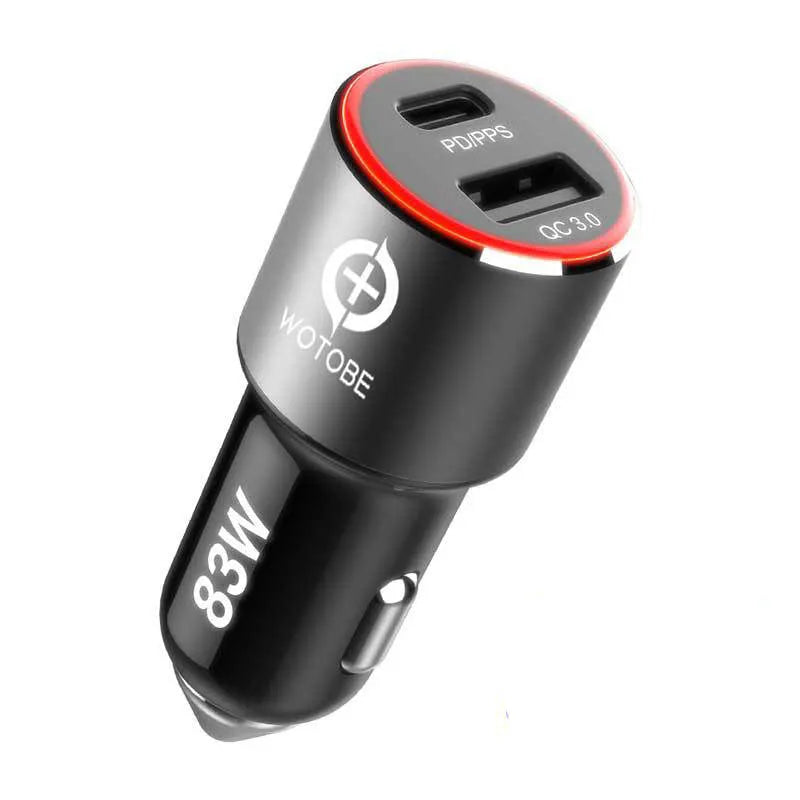 Compact 83W dual-port fast car charger with USB-C and QC3.0 ports plugged into a vehicle 12V socket.