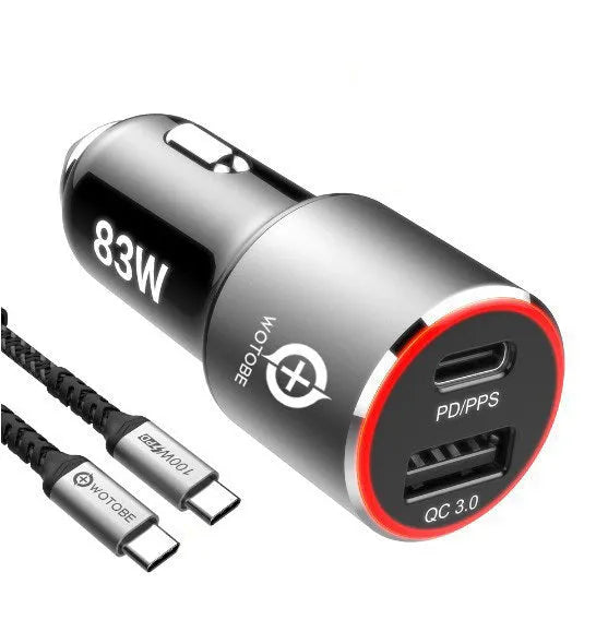 Compact 83W dual-port fast car charger with USB-C and QC3.0 ports plugged into a vehicle 12V socket.