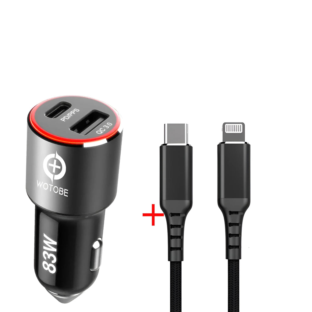 Compact 83W dual-port fast car charger with USB-C and QC3.0 ports plugged into a vehicle 12V socket.