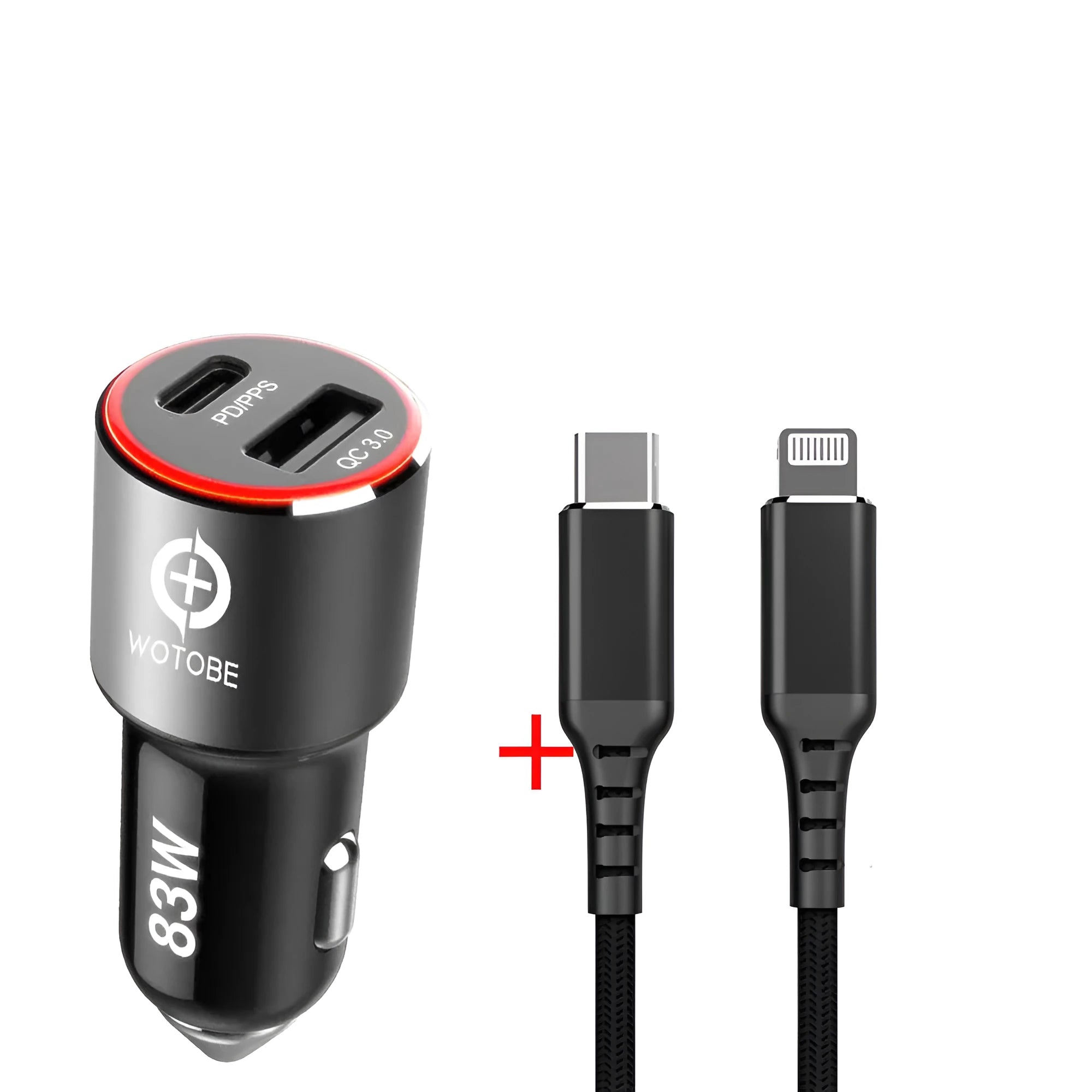Compact 83W dual-port fast car charger with USB-C and QC3.0 ports plugged into a vehicle 12V socket.