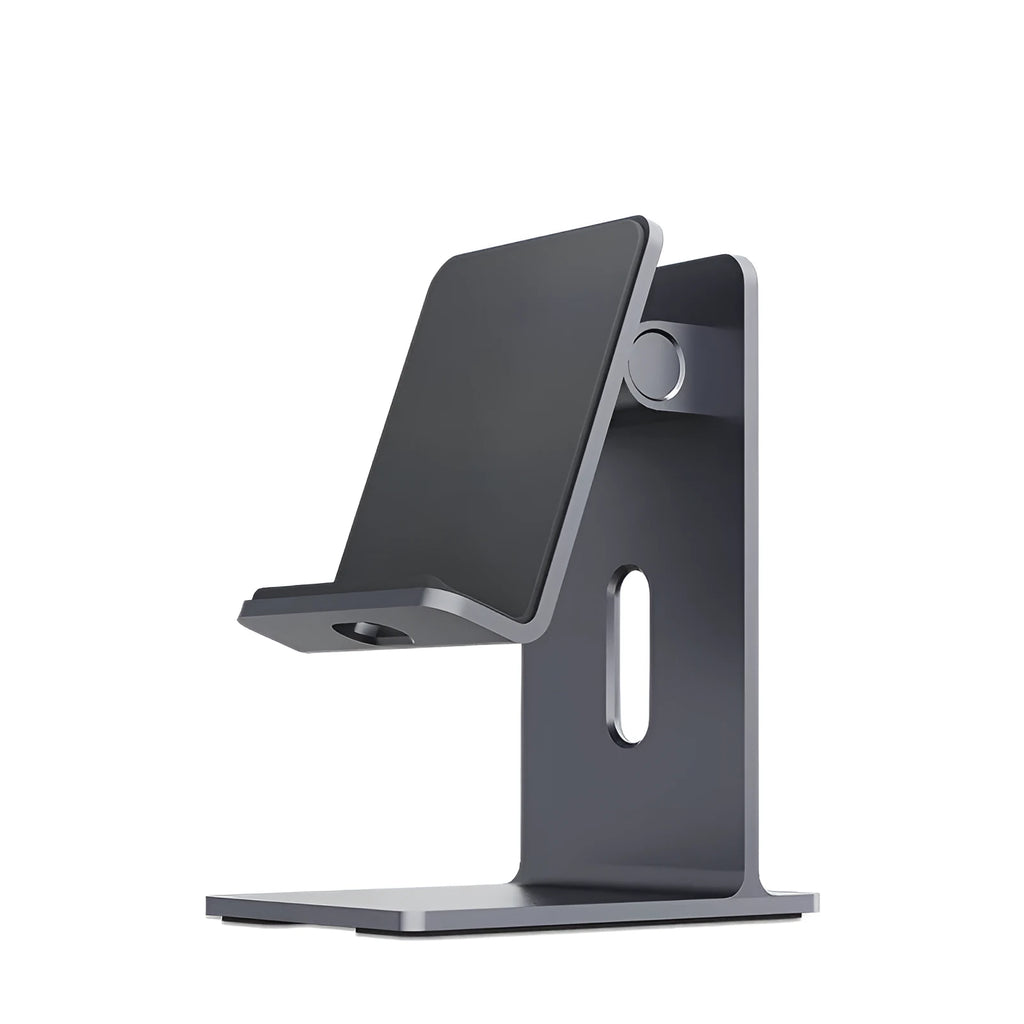 Dark space grey alloy mobile phone holder with lazy bracket, holding a smartphone on a wooden desk.
