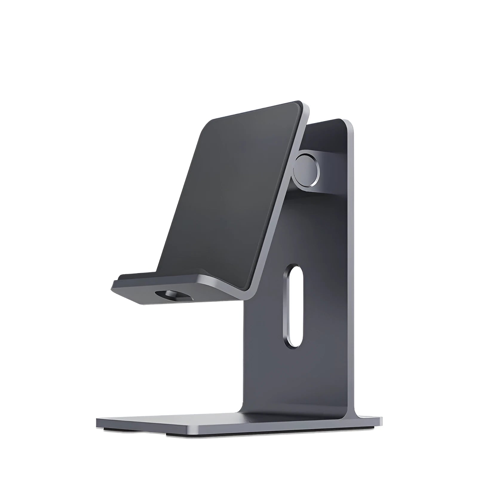 Dark space grey alloy mobile phone holder with lazy bracket, holding a smartphone on a wooden desk.
