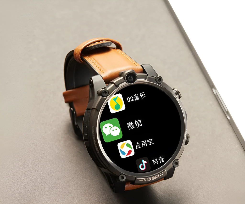 Black smartwatch with 4G, dual cameras, and a 1.6-inch screen on a wrist strap.